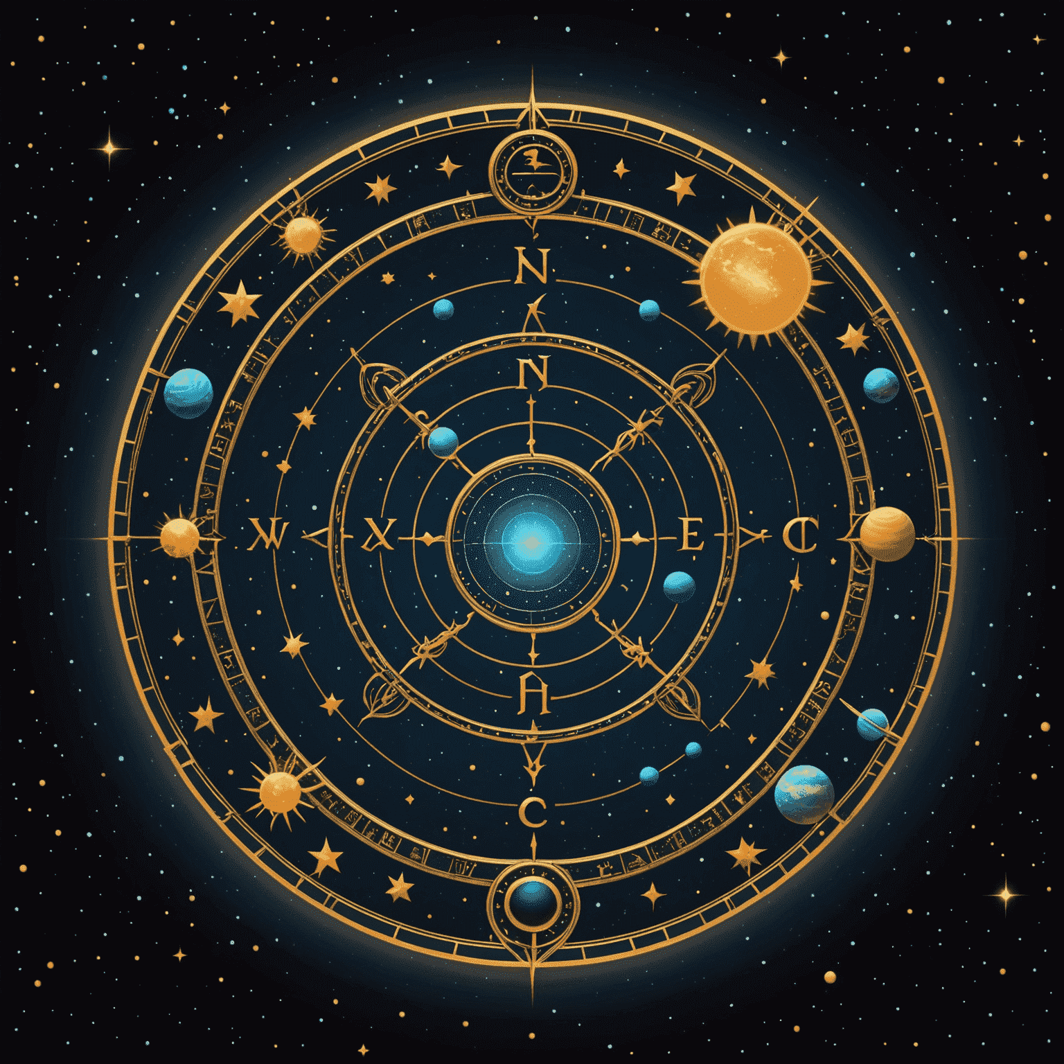 Zwei Sternzeichen-Symbole, die durch eine leuchtende Linie verbunden sind, umgeben von Sternen und Planeten